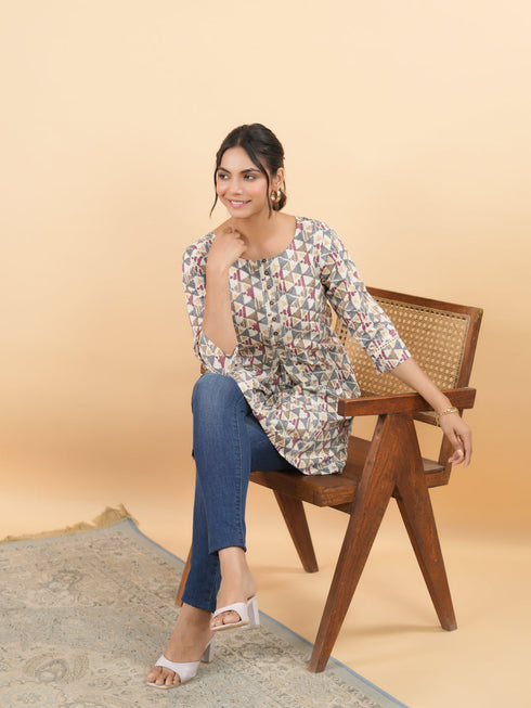 Off White Cotton Geometric Regular Tunic